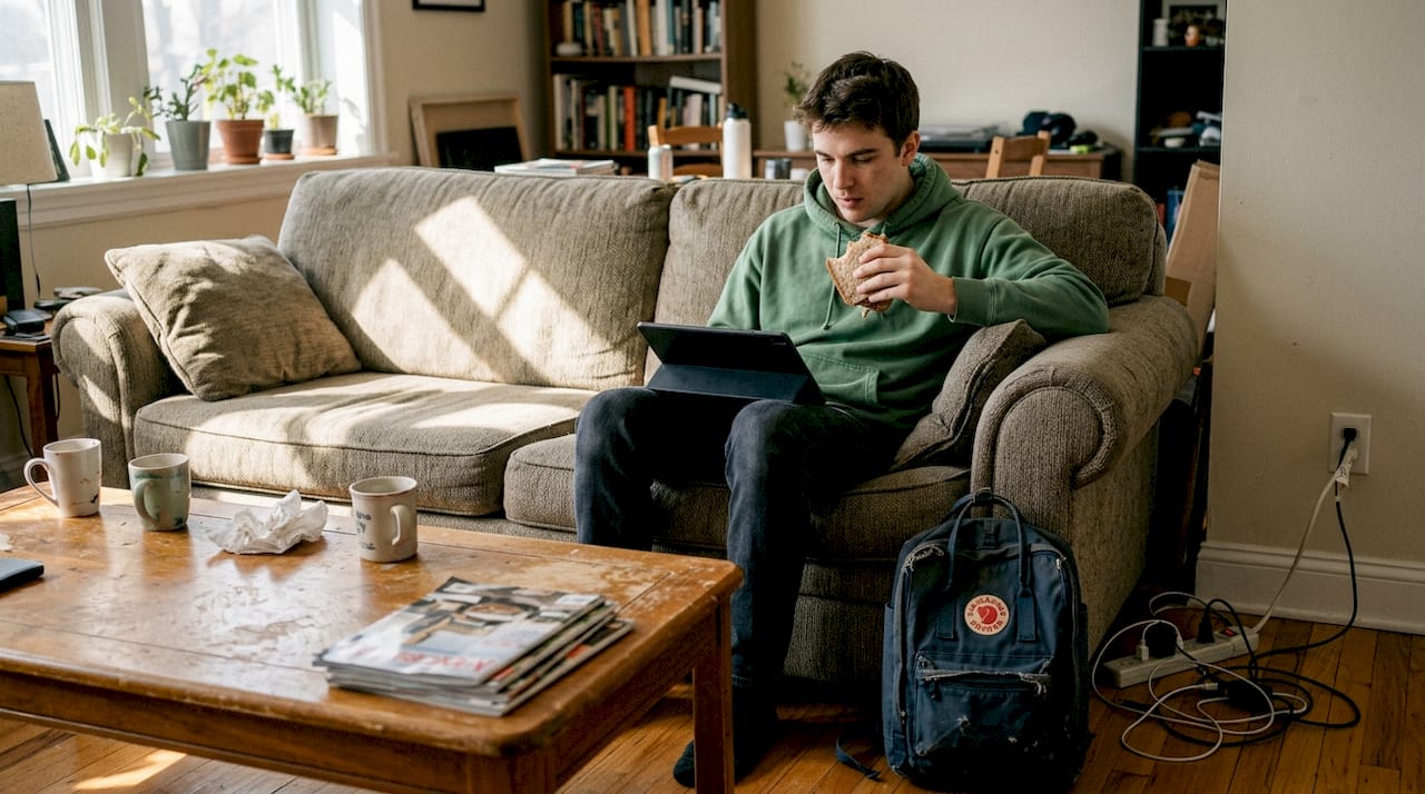 Мужчина устроился поудобнее, наслаждается бутербродом и листает планшет — отличный пример того, как базовые потребности и стремление к комфорту сочетаются по Маслоу.