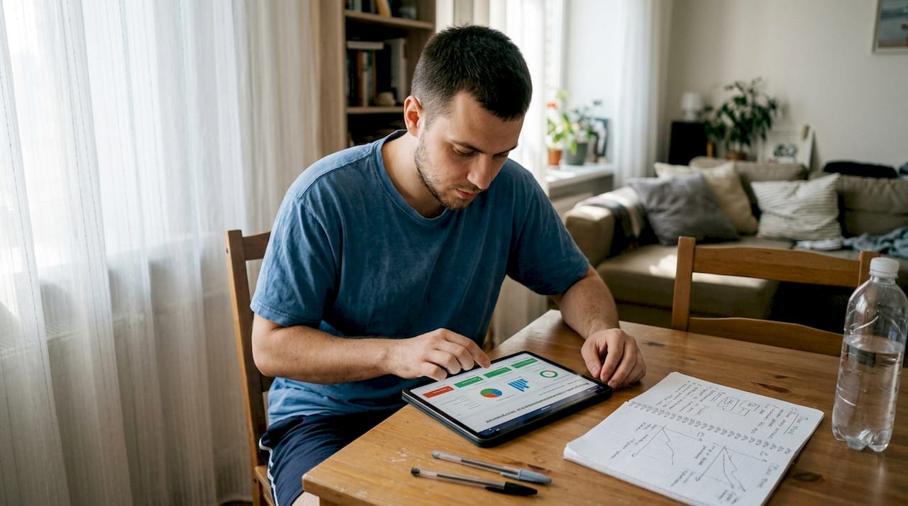 Мужчина просматривает результаты анализов на планшете.