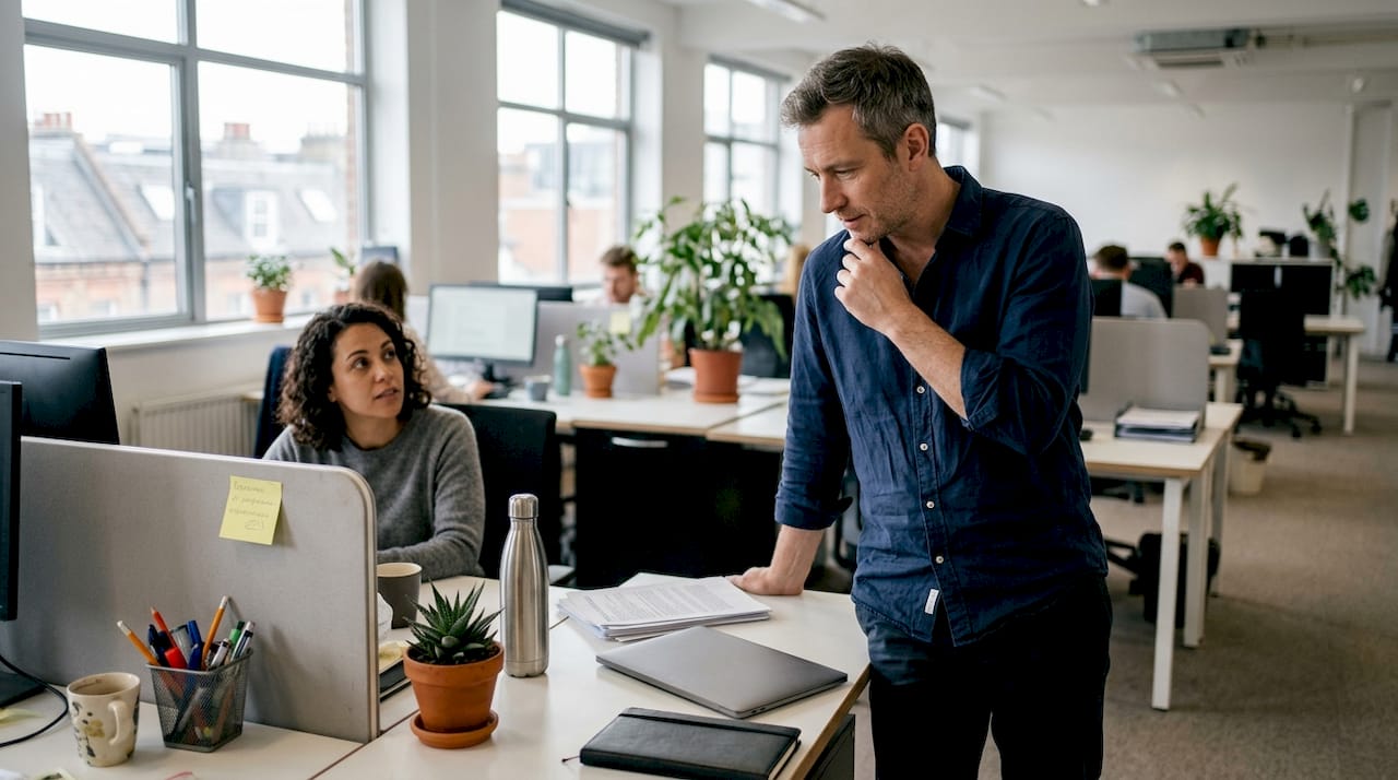 Мужчина задумался, глядя в окно в просторном офисе.