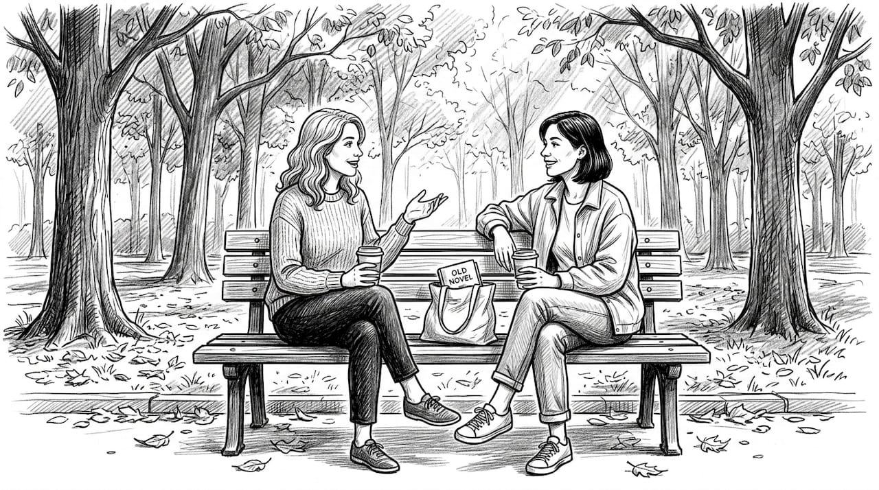 Friends talking openly on city park bench