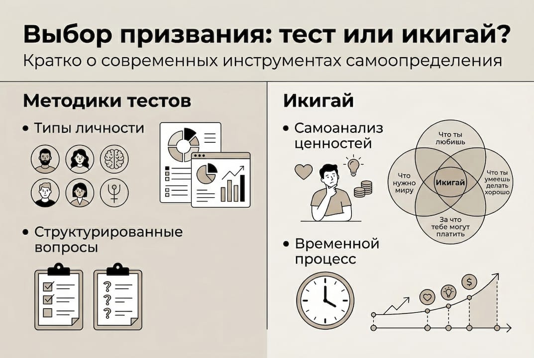 Инфографика: сравниваем популярные психологические тесты и концепцию икигай