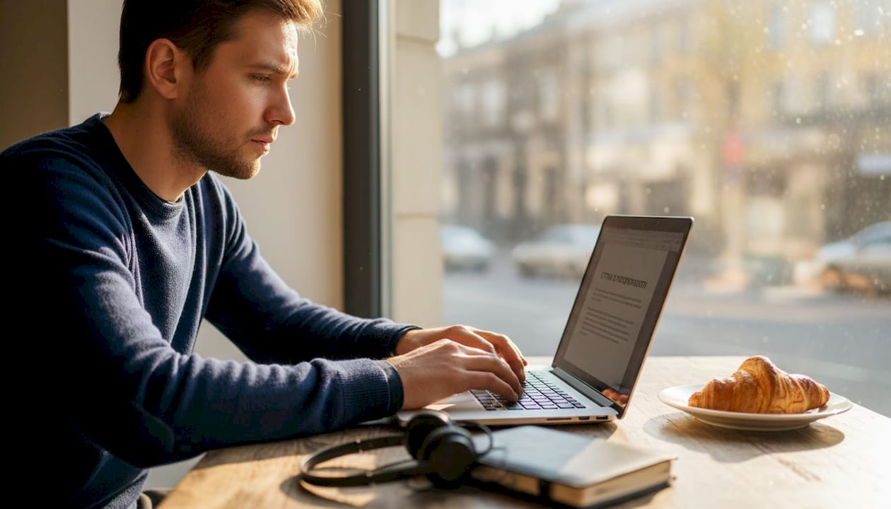 Мужчина сидит с ноутбуком в кафе и работает.