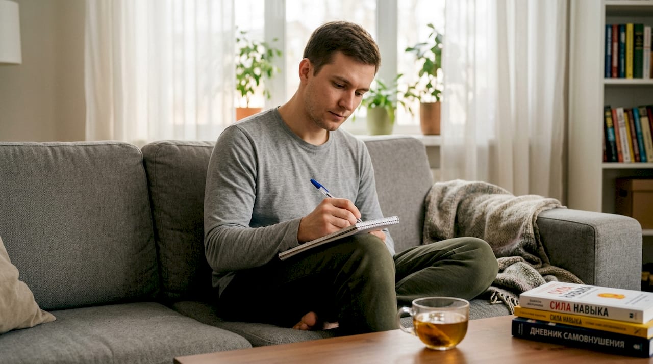 Мужчина сидит в уютной гостиной и записывает свои мысли о смысле жизни по методике икигай.