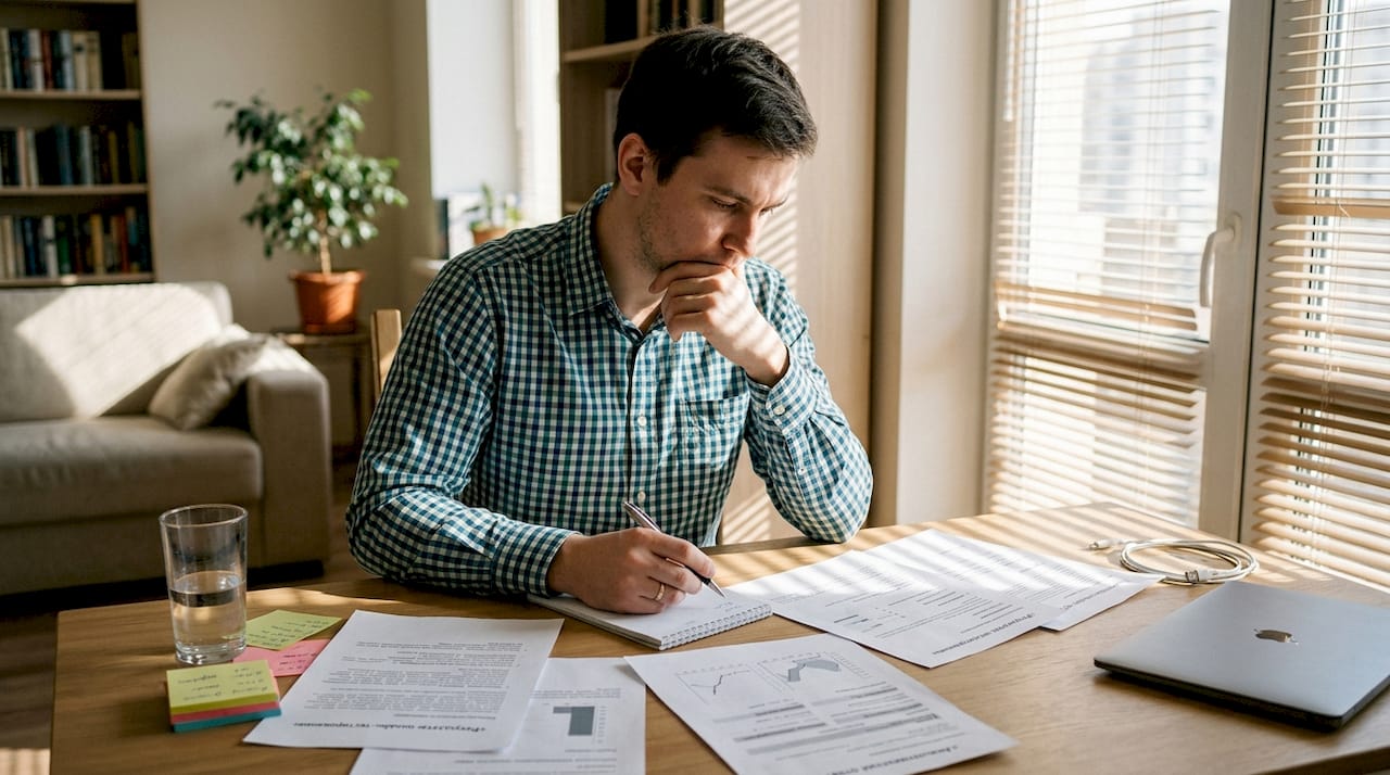 Мужчина внимательно знакомится с результатами различных анализов.