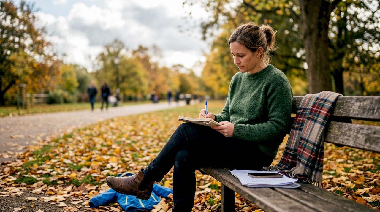 Женщина сидит на скамейке в парке и ведёт свой дневник.