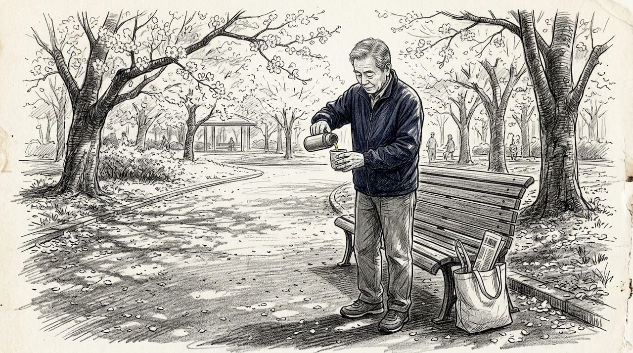 Elderly man pours tea in cherry blossom park