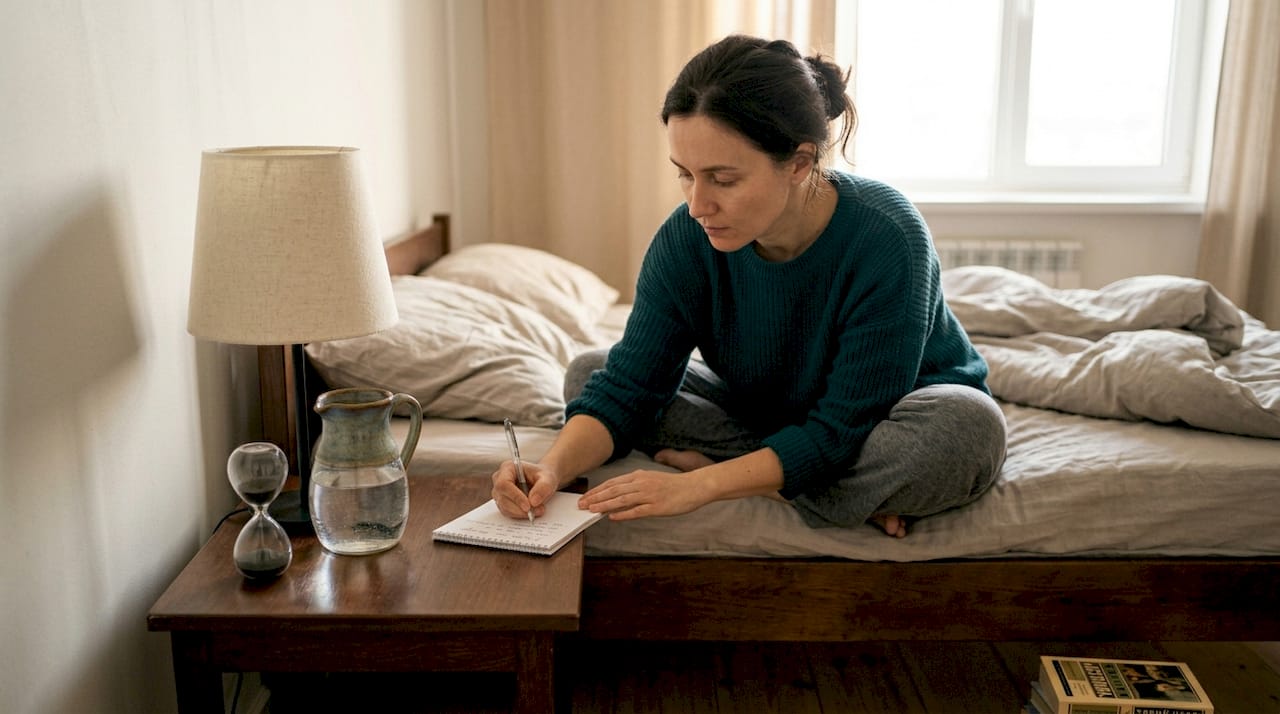 Вечером, устроившись в спальне, женщина записывает свои мысли в дневник.