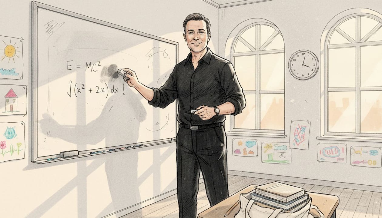 Man erasing board in lively classroom