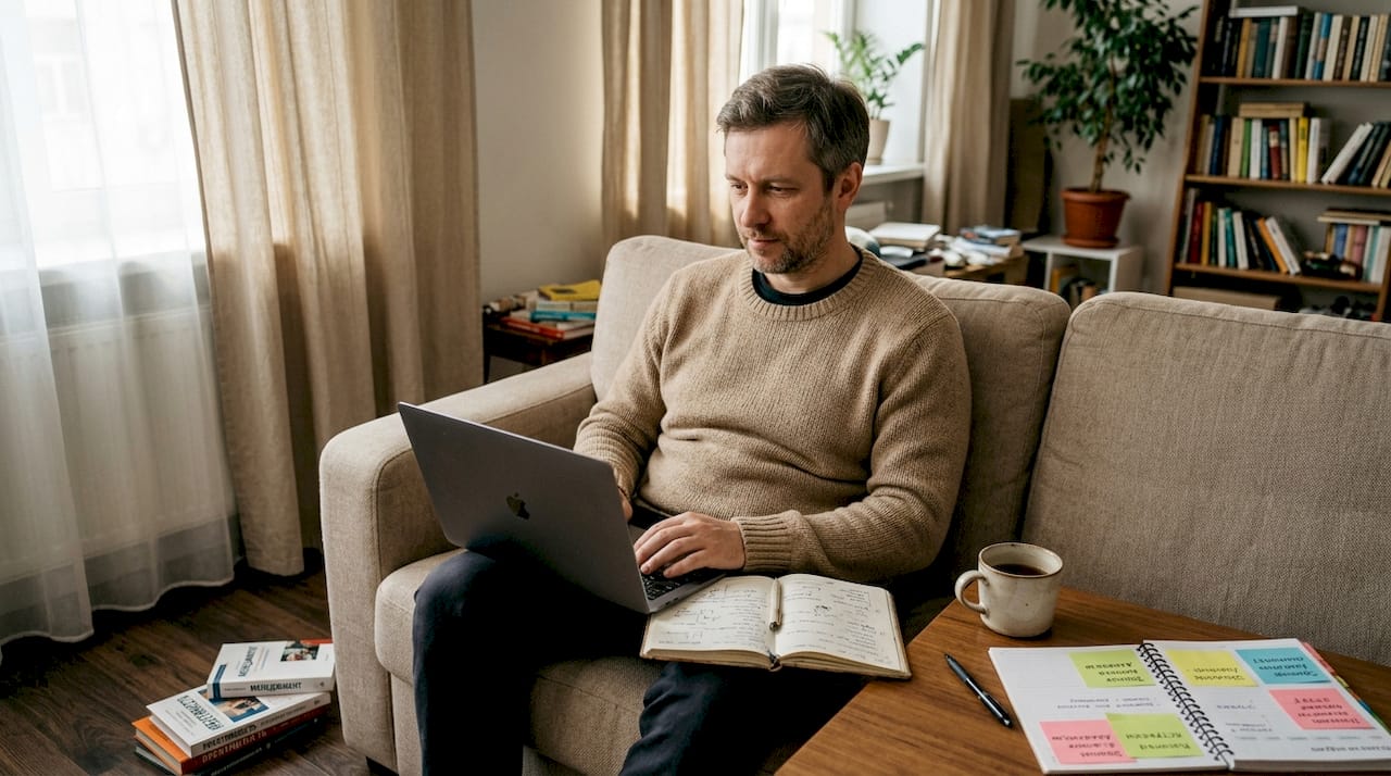 Мужчина устроился на диване с ноутбуком и блокнотом