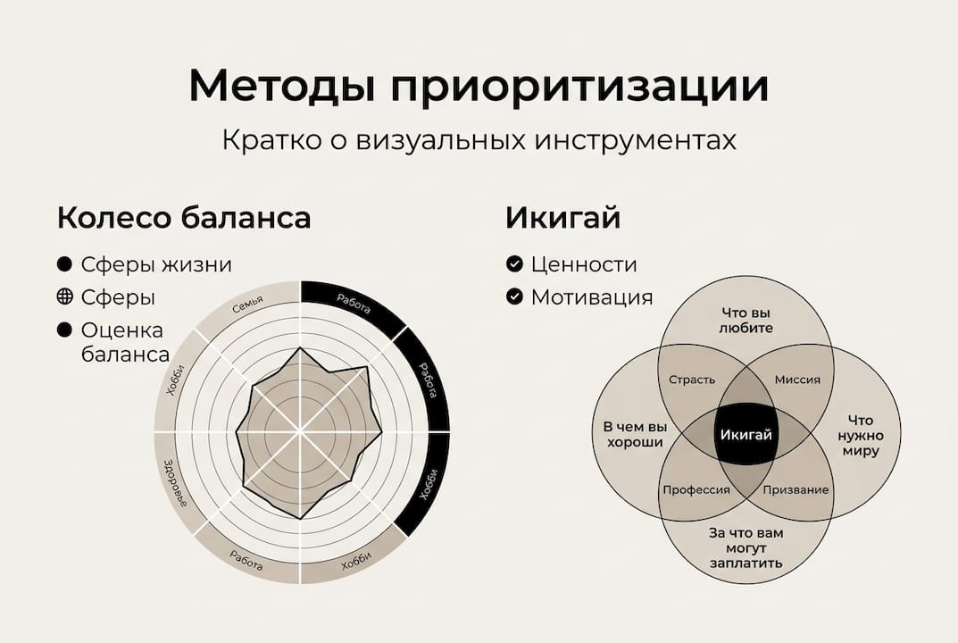 Инфографика с популярными способами расставления приоритетов: колесо баланса и подход икигай.