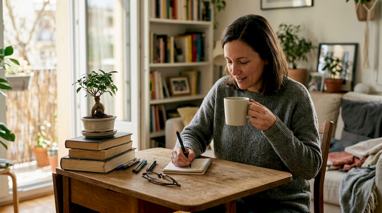 Женщина сидит за домашним столом и делает пометки в блокноте.