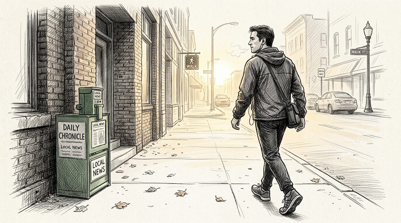 Man walking city block at sunrise