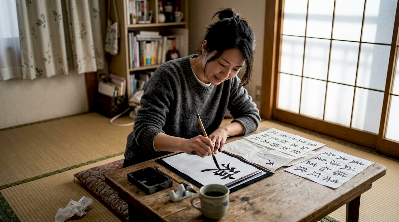 Женщина занимается каллиграфией у себя дома, оттачивая мастерство красивого письма в уютной обстановке.