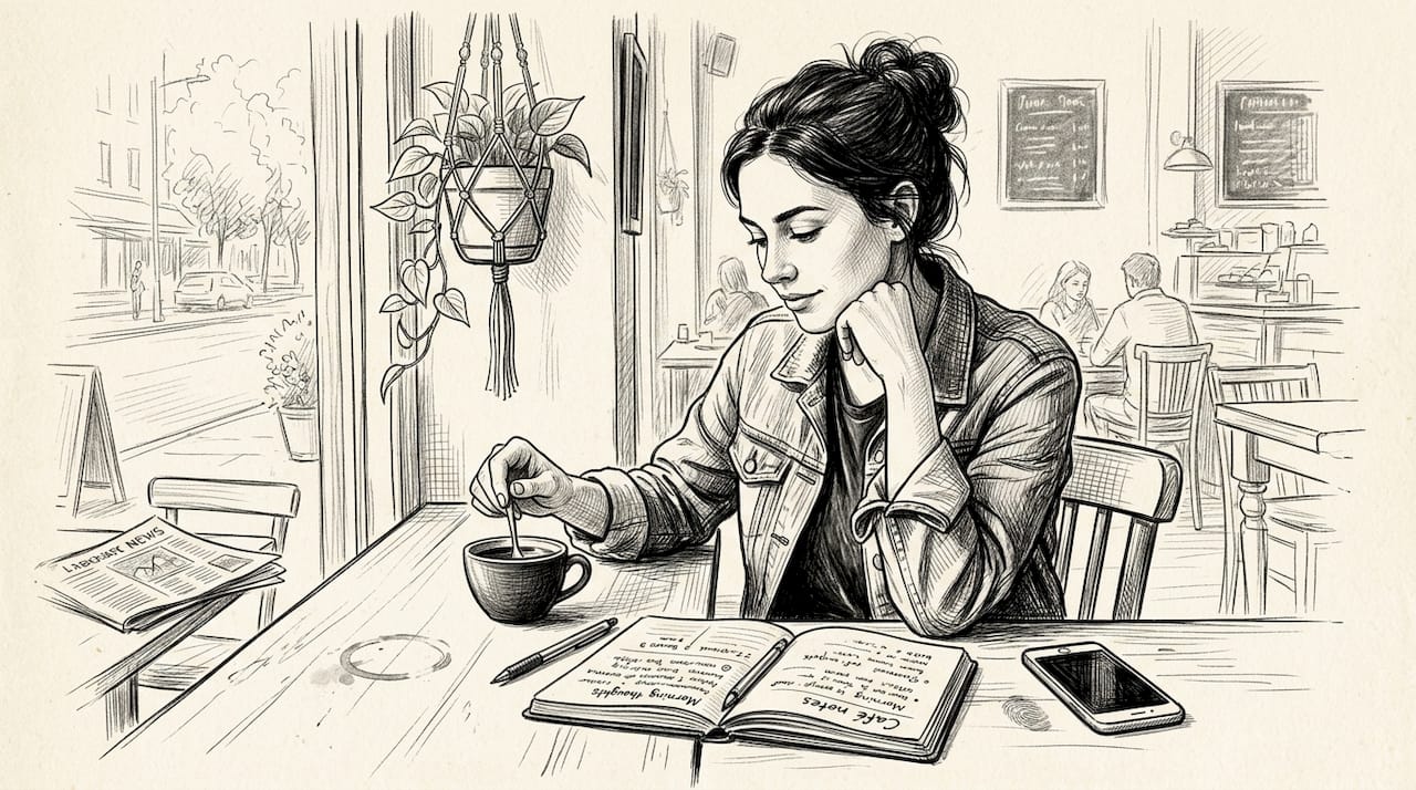 Woman reflecting with coffee and notebook in cafe
