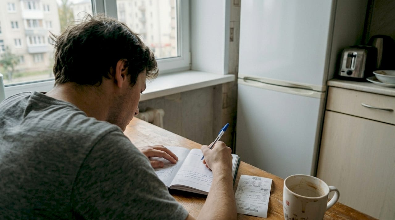 Мужчина сидит за кухонным столом и аккуратно записывает свои мысли в дневник, стараясь всё разложить по полочкам.