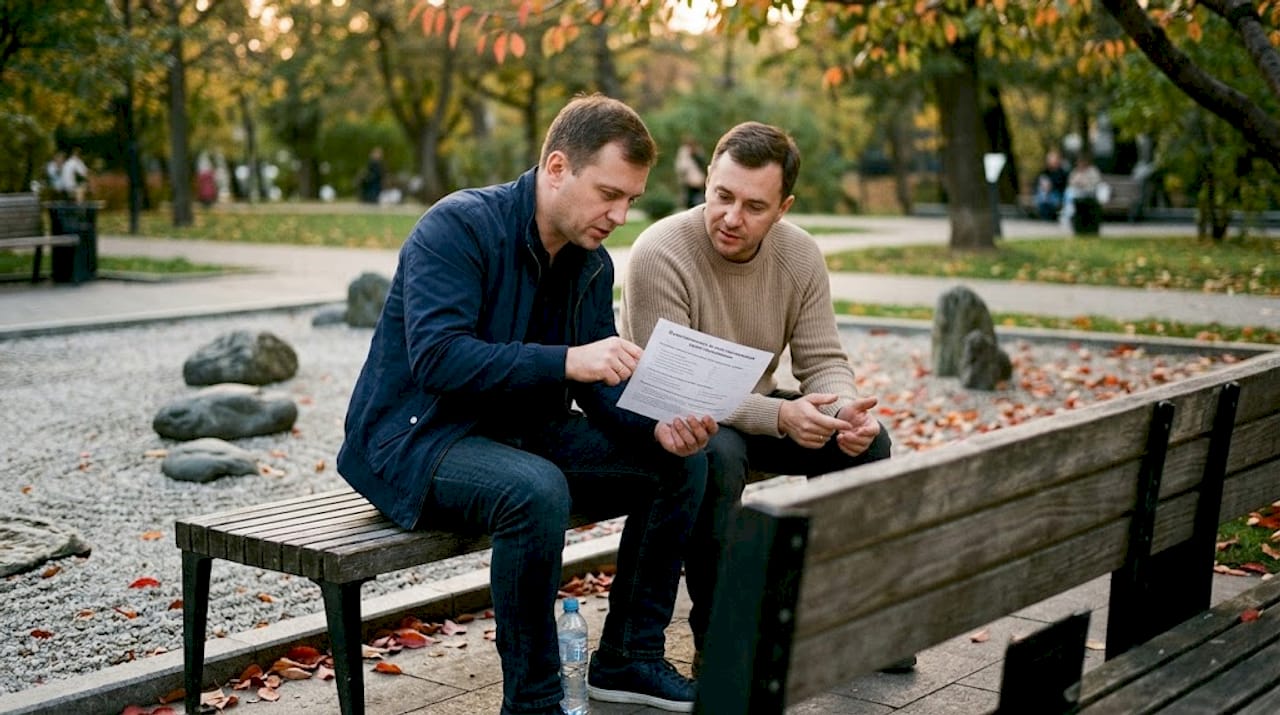 Двое мужчин обсуждают, как определить особенности характера, сидя в тишине японского сада.