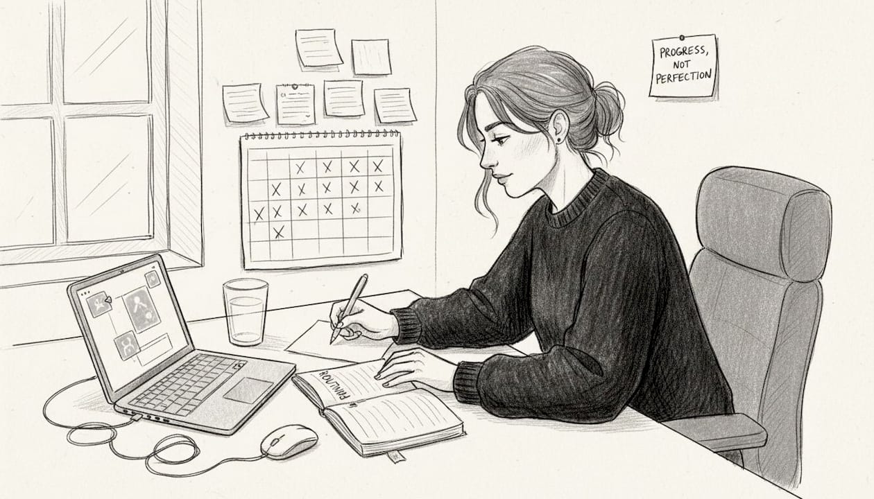 Woman marking progress in daily journaling