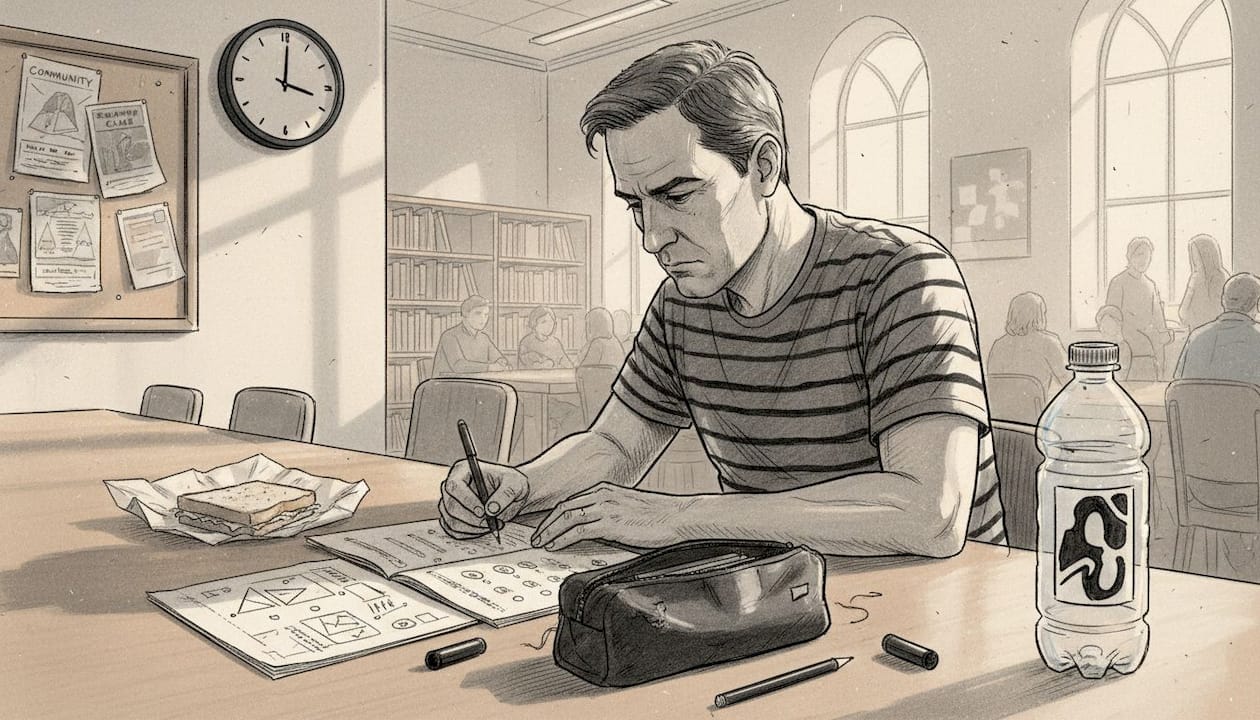 Man working on logic test in library setting