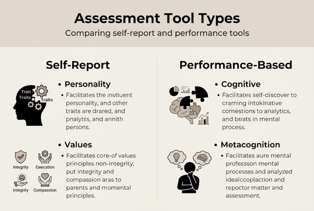 Infographic comparing self-report and performance tools