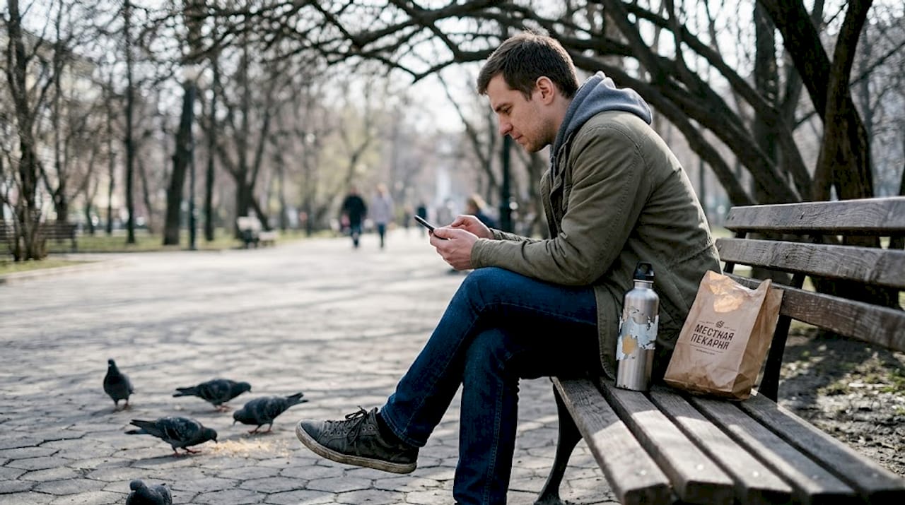Мужчина на улице задумчиво проходит онлайн-тест, обдумывая свои ответы.