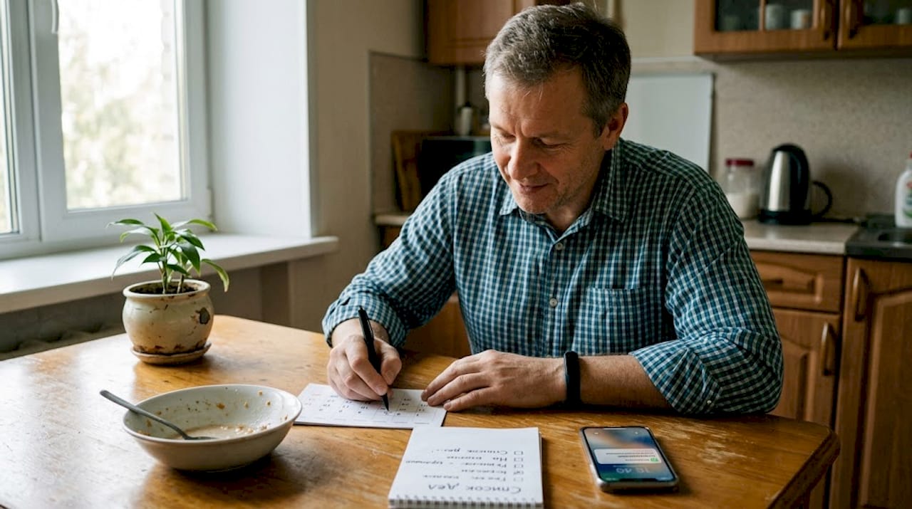 Мужчина записывает свои маленькие достижения в календаре.