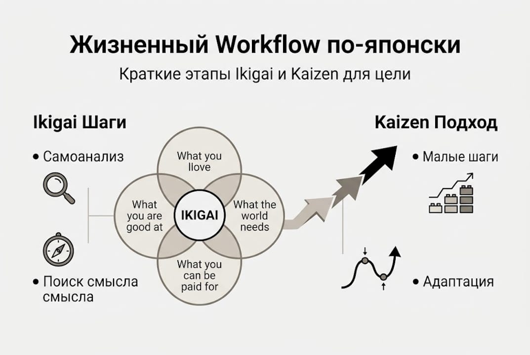 Инфографика: как применять Ikigai и Kaizen для эффективной работы