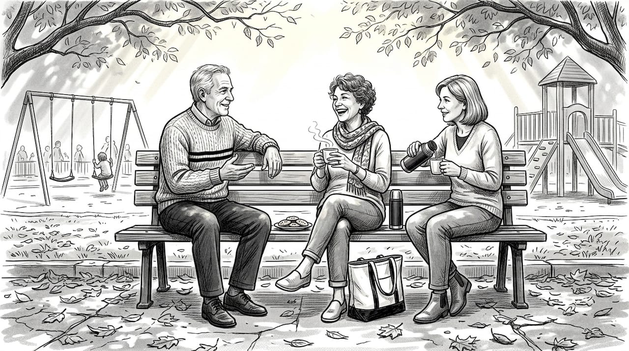 Small group talking, sharing food in park