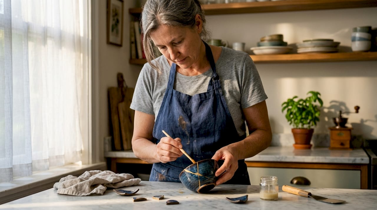 Женщина аккуратно восстанавливает разбитую керамику с помощью японской техники кинцуги, превращая трещины в изящное украшение.