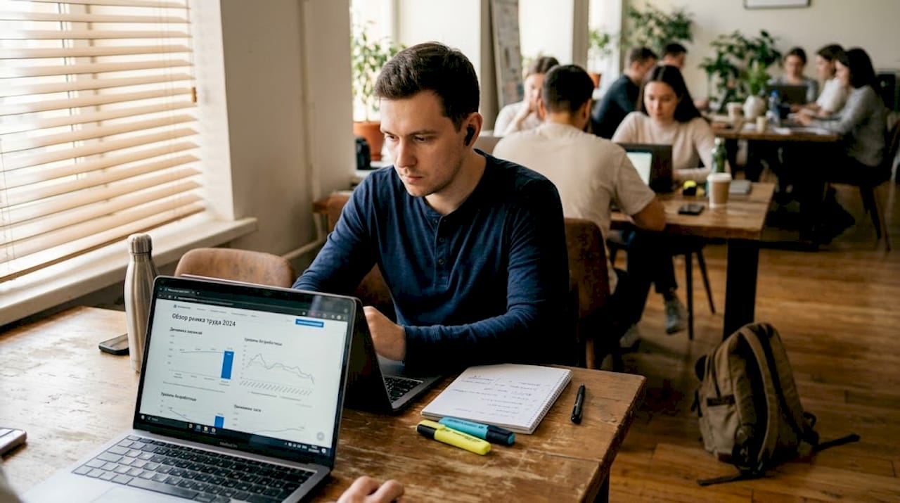 Мужчина изучает актуальные тенденции на рынке труда за ноутбуком.