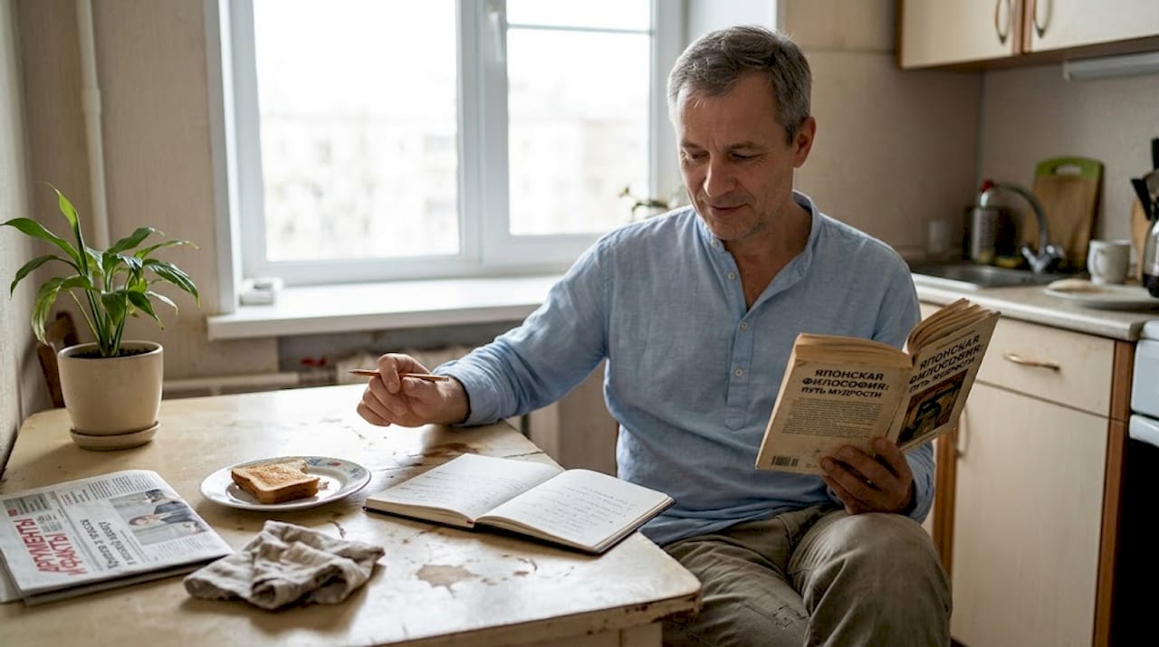 Мужчина сидит на кухне за столом и читает книгу по философии.