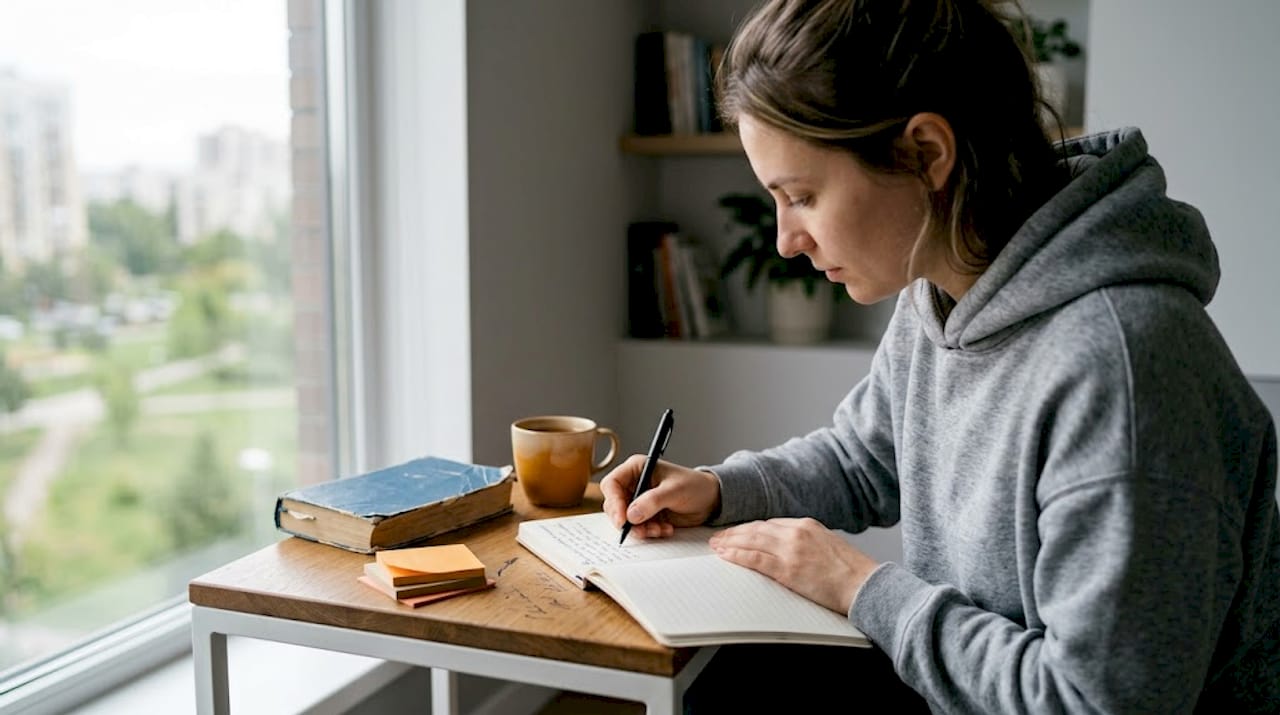 Женщина сидит в уютном уголке у окна и ведёт дневник, наслаждаясь солнечным светом.