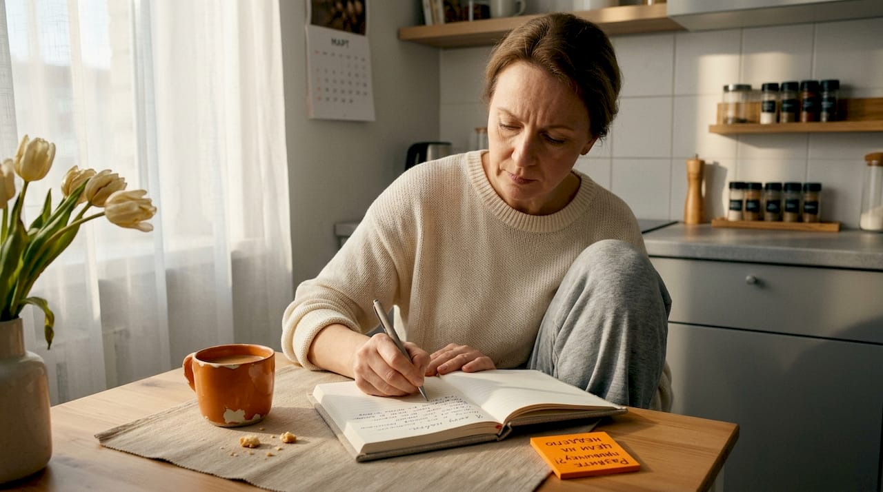 Женщина сидит за столом, задумавшись о том, как изменилась и выросла за последнее время.