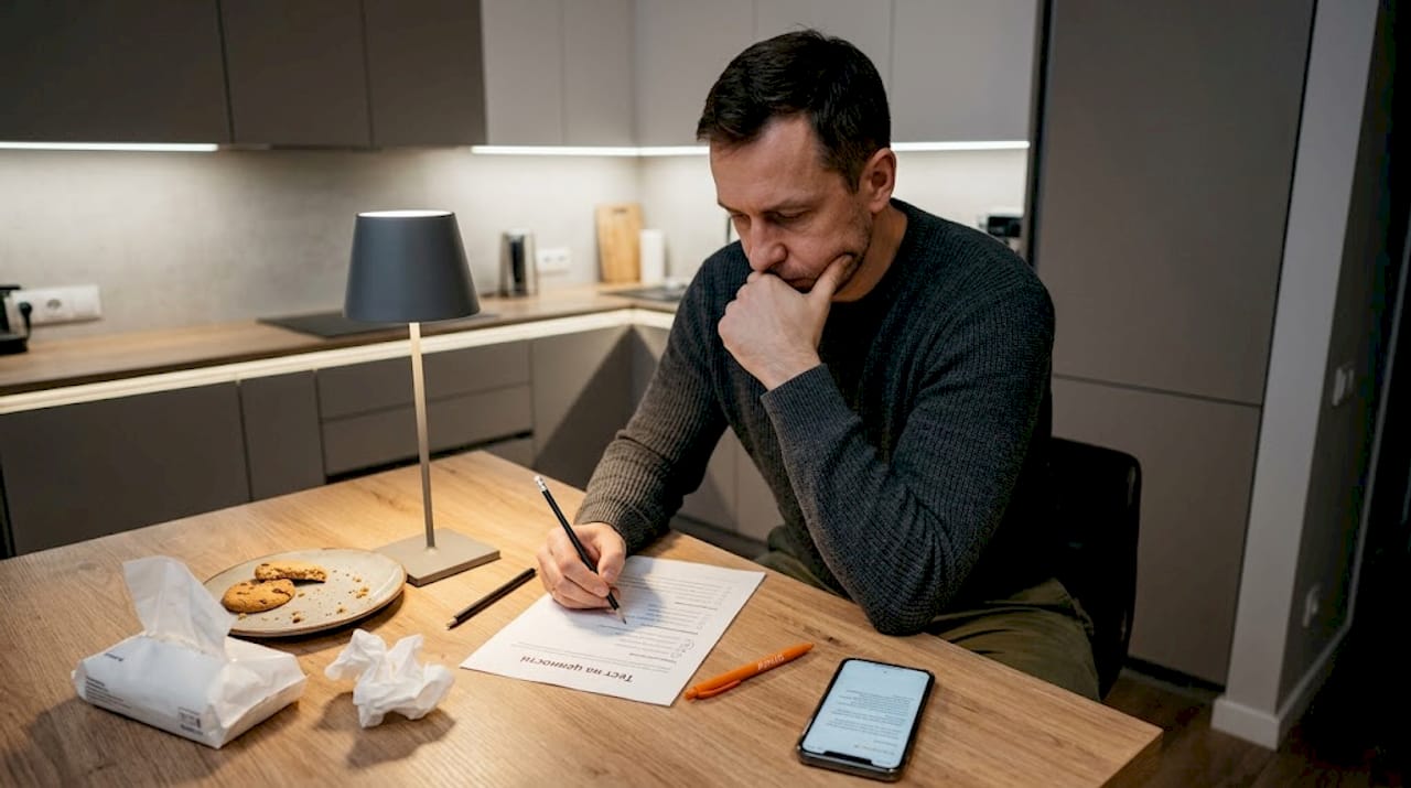 Вечером мужчина сидит за кухонным столом и заполняет тест.
