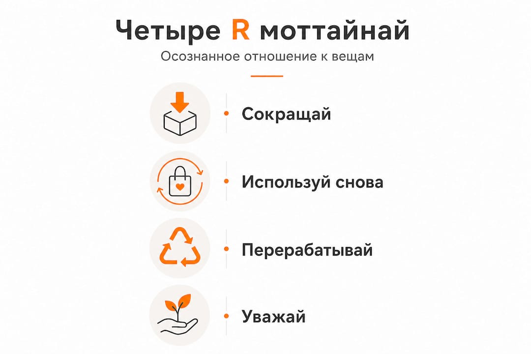 Инфографика в виде вертикальной схемы, наглядно показывающая четыре принципа моттайнай