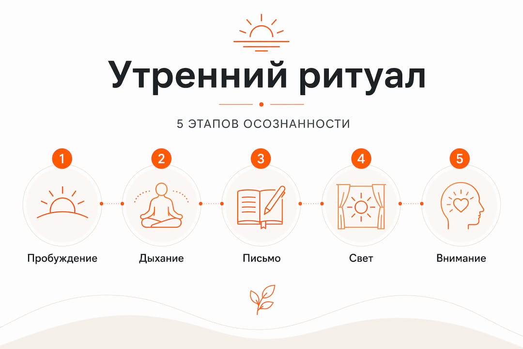 Инфографика: как начать утро осознанно — шаг за шагом