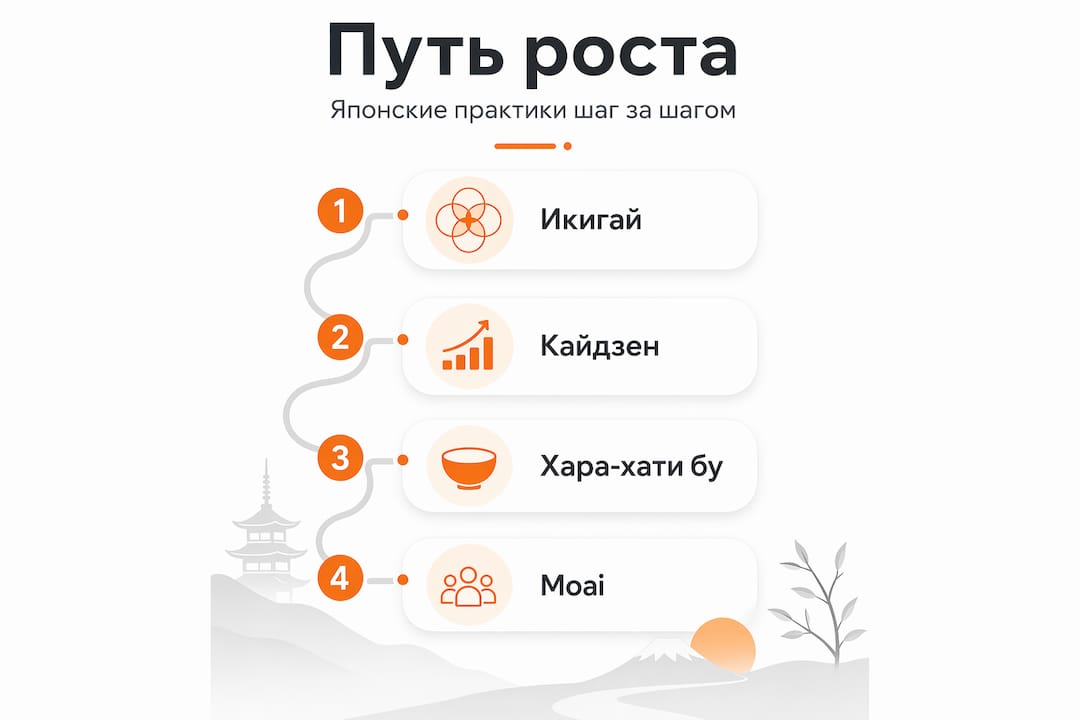 Инфографика, показывающая этапы развития в японском стиле