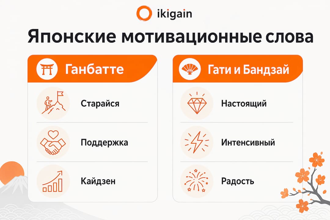 Инфографика: сравниваем японские слова для мотивации — ганбатте, гати и бандзай. В чём разница и когда какое лучше использовать?