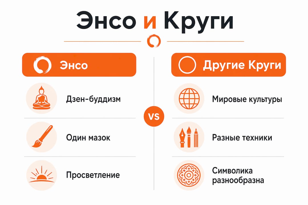 Инфографика, показывающая различия между энсо и другими круглыми символами