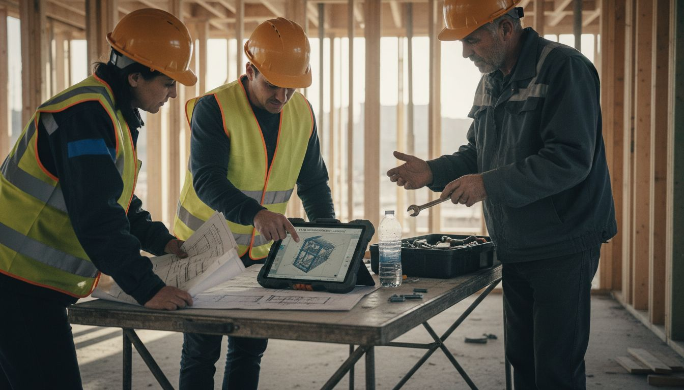 L’équipe examine la modélisation 3D directement sur le chantier.