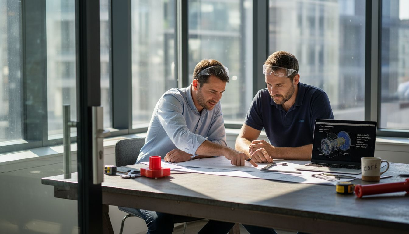 DTM3D - 7 étapes clés pour une checklist modélisation 3D industrielle - 1769919519546 image Checklist modélisation 3D industrielle : ingénieurs vérifiant les étapes clés du projet - DTM3D