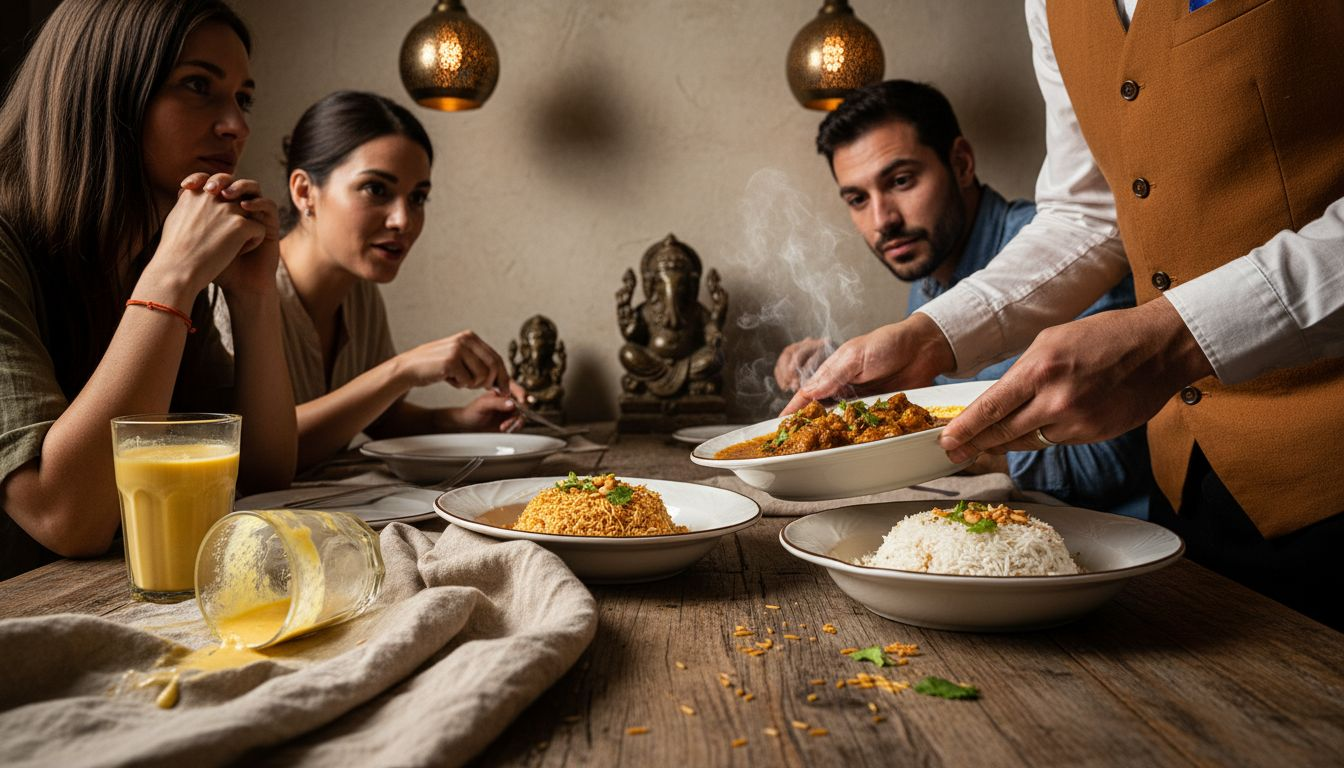 Una mesa repleta de platos tradicionales de la India, rodeada de personas disfrutando juntos la comida.