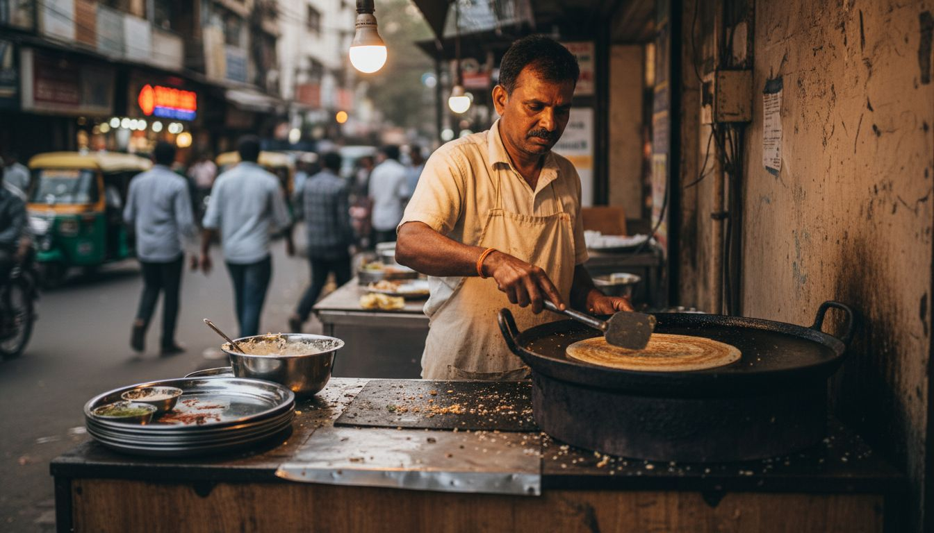 El arte de preparar dosa en un puesto callejero