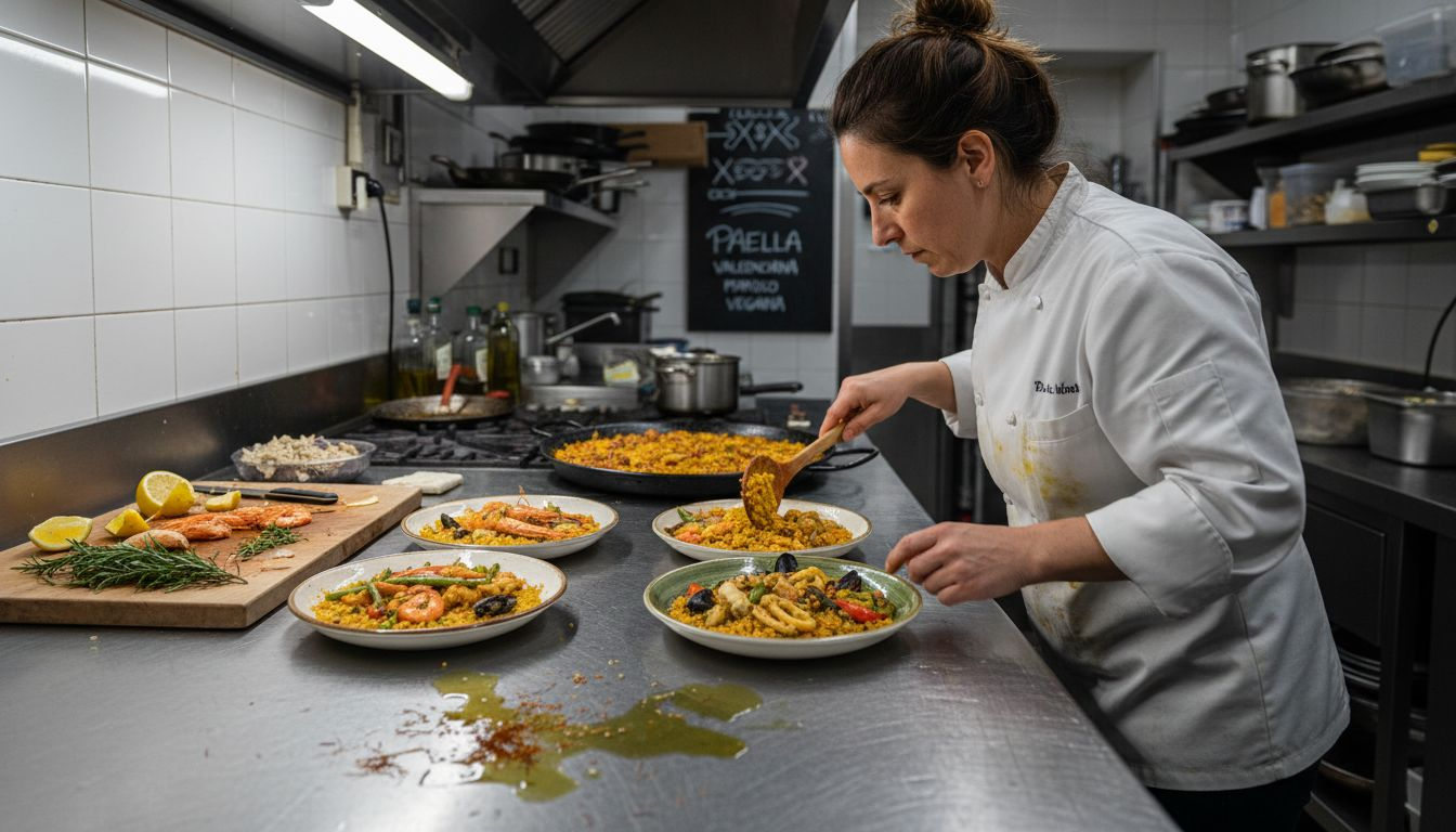 El chef presenta tres variedades de paella, cada una con su propio toque especial.