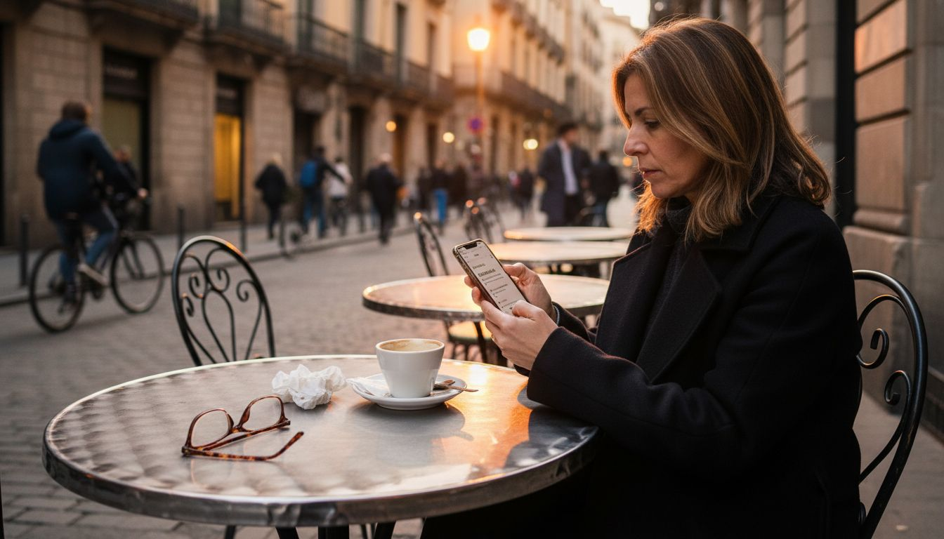 Una mujer consulta los detalles de su reserva mientras disfruta del atardecer en Barcelona.
