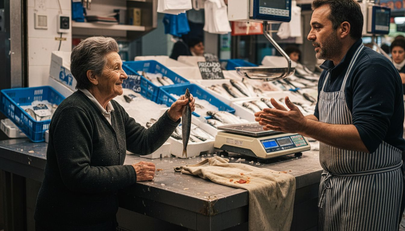 Puestos de pescado fresco en el mercado de Barcelona