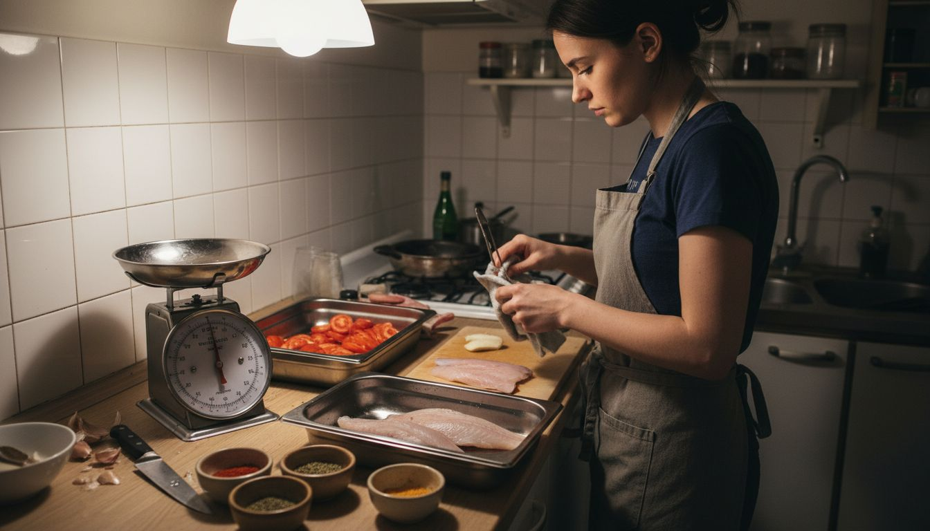 Una chef preparando y organizando los ingredientes típicos de la cocina catalana antes de empezar a cocinar.
