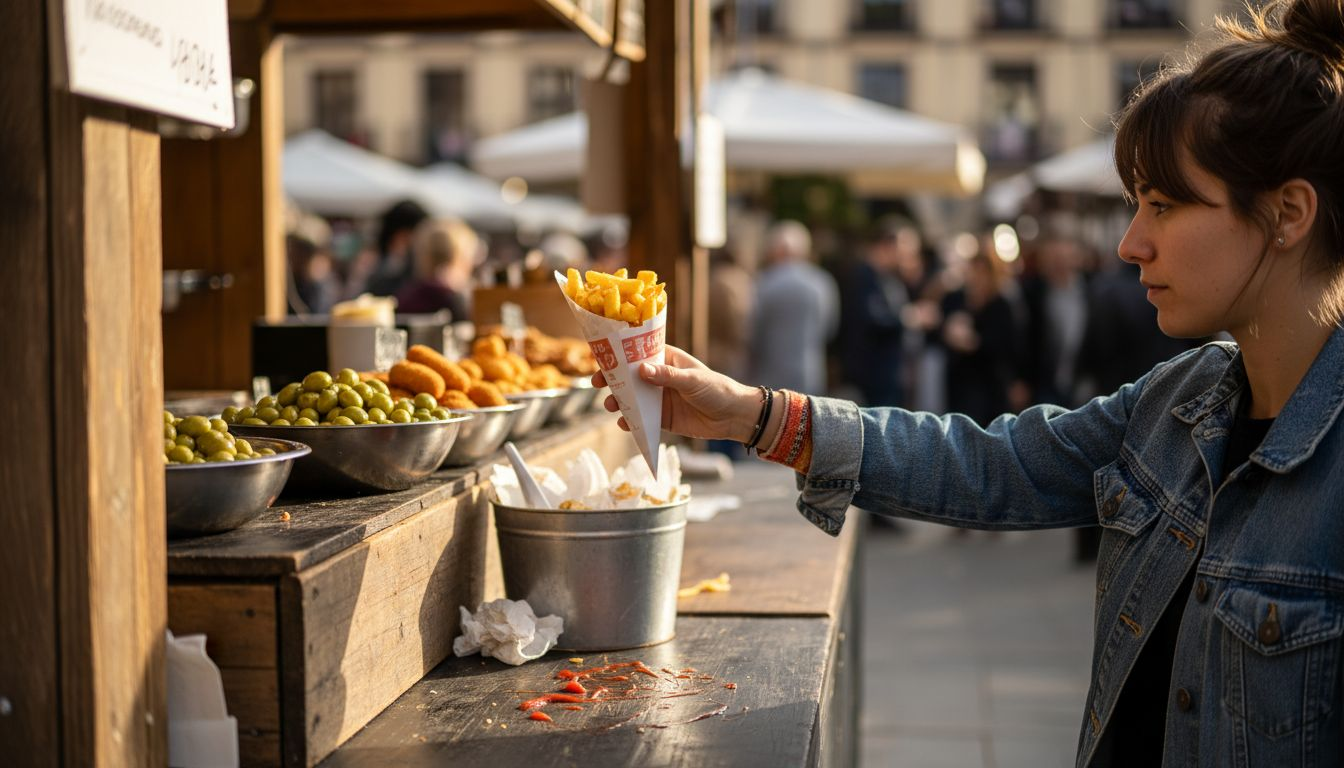 Una mujer se acerca a un puesto para pedir una ración de patatas bravas.
