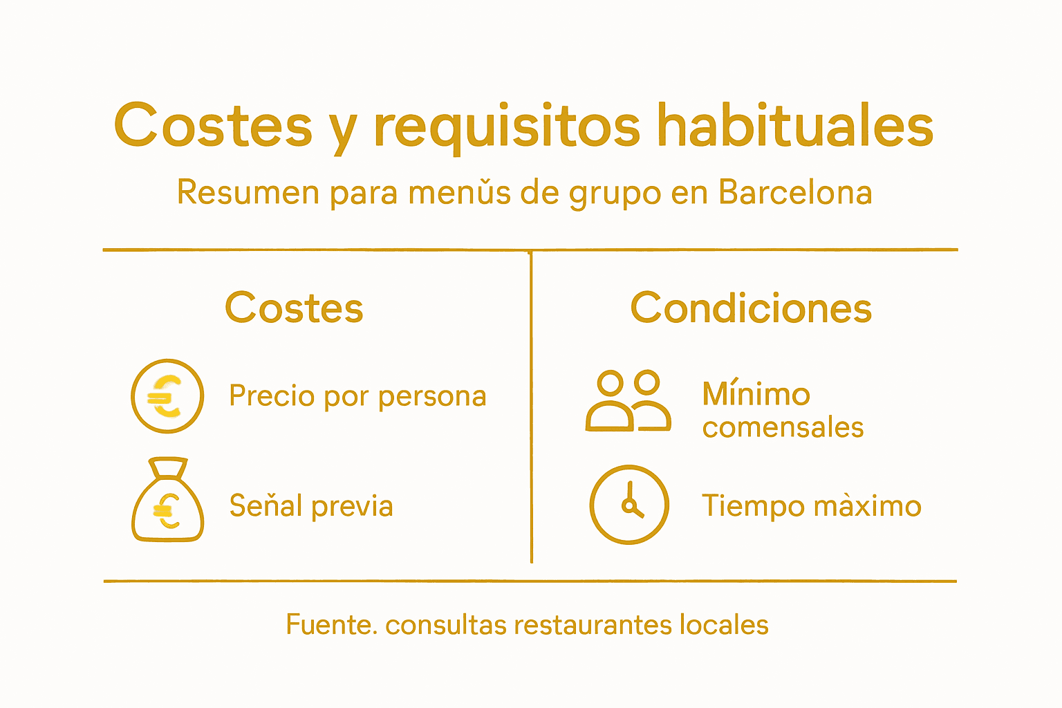 Resumen visual de los precios y condiciones para grupos