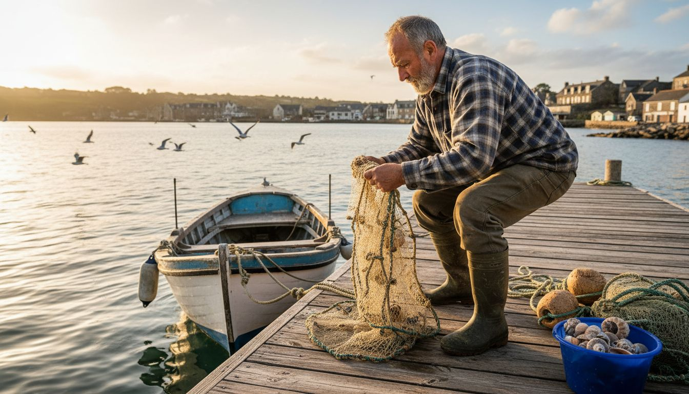 Un pescador en el muelle practica técnicas de pesca responsables para cuidar el entorno marino.