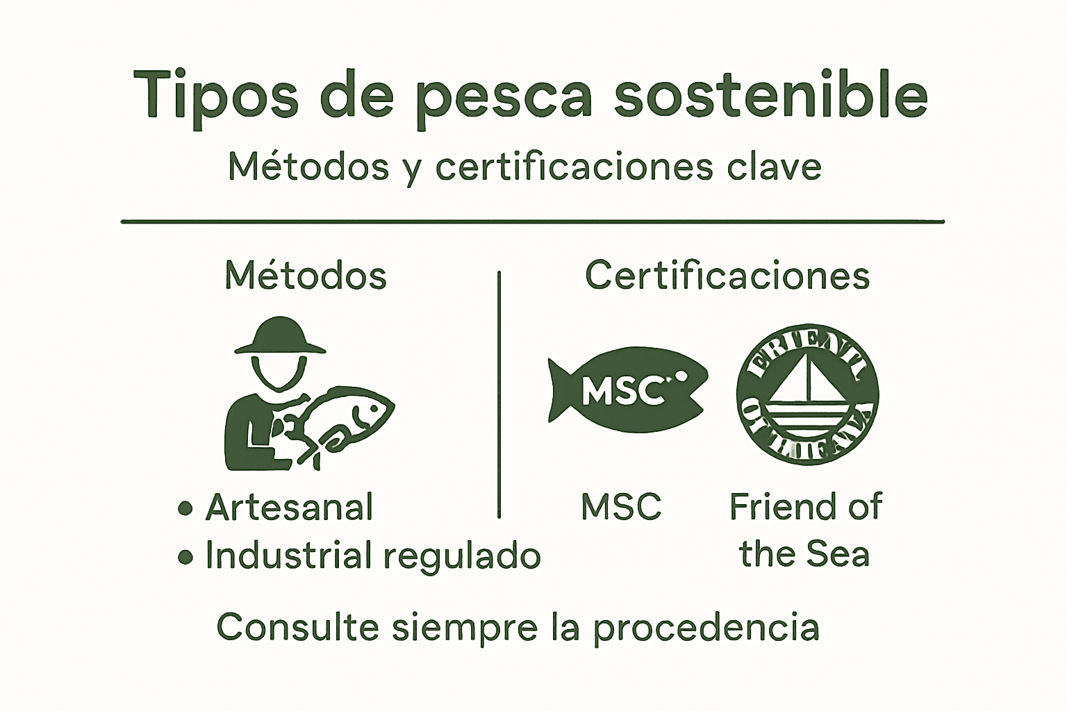 Infografía sobre los diferentes métodos de pesca sostenible y sus principales certificaciones